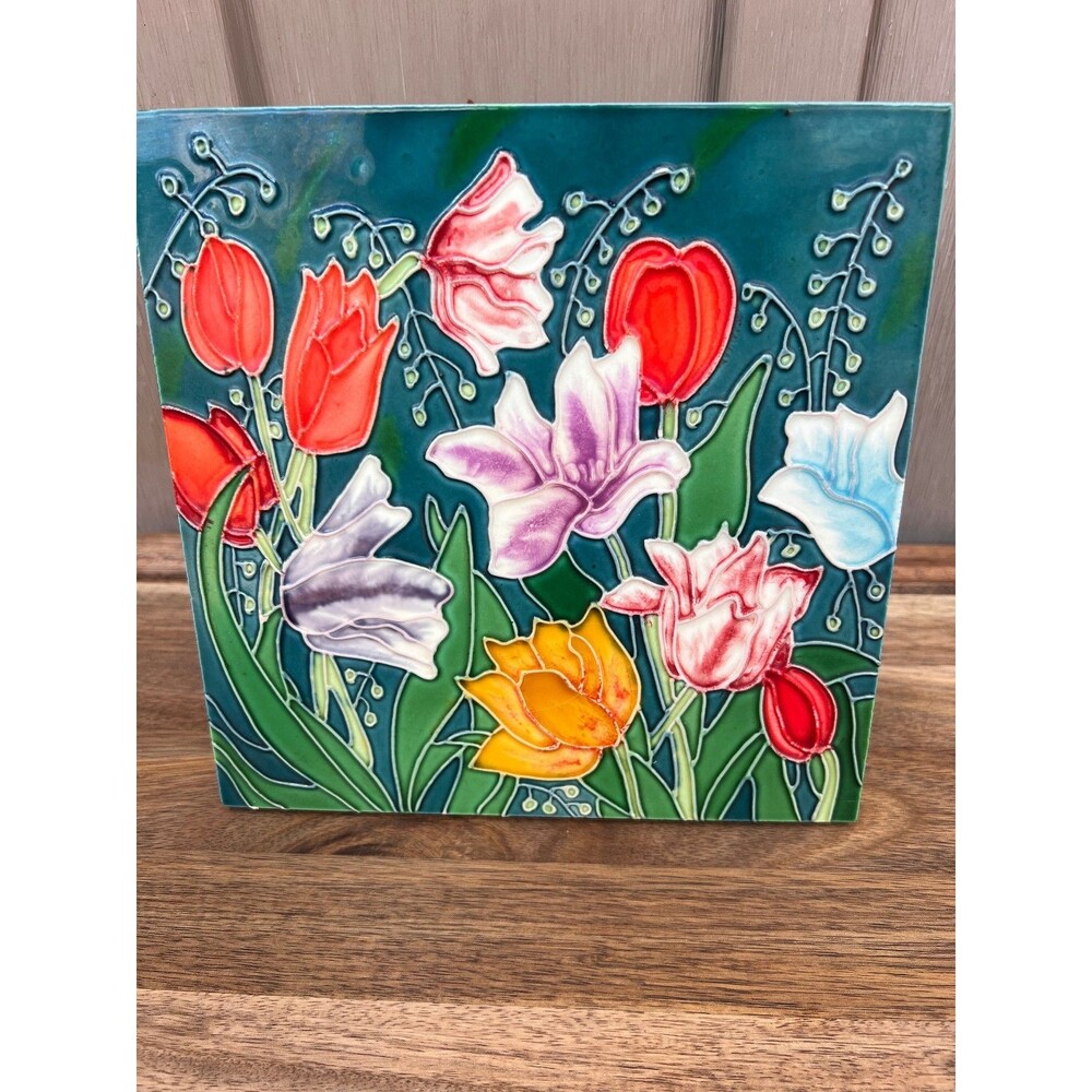 Vintage Relief Tulip Floral Tile w/Easel Stand Wall Plaque Ceramic Art 8"x8"